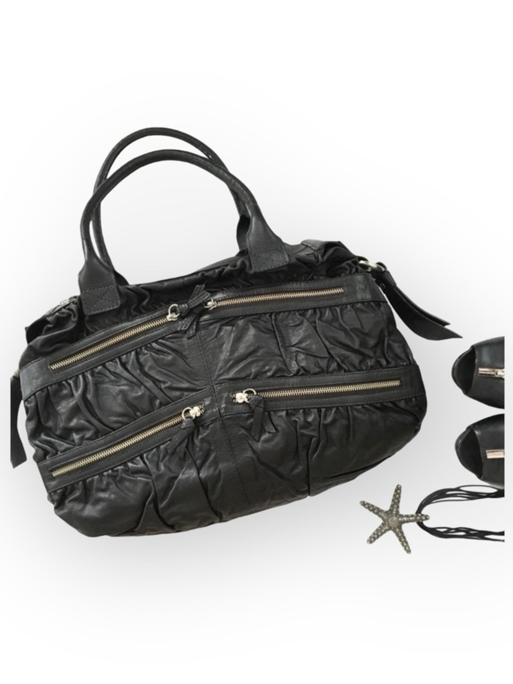 new Maria Bonita Extra ༄ Zip Pockets Leather Travel Bag ༄ Black Metallic Sheen - Picture 13 of 16